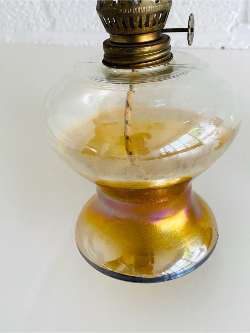Pair of Vintage Iridescent Glass Oil Hurricane Lamps